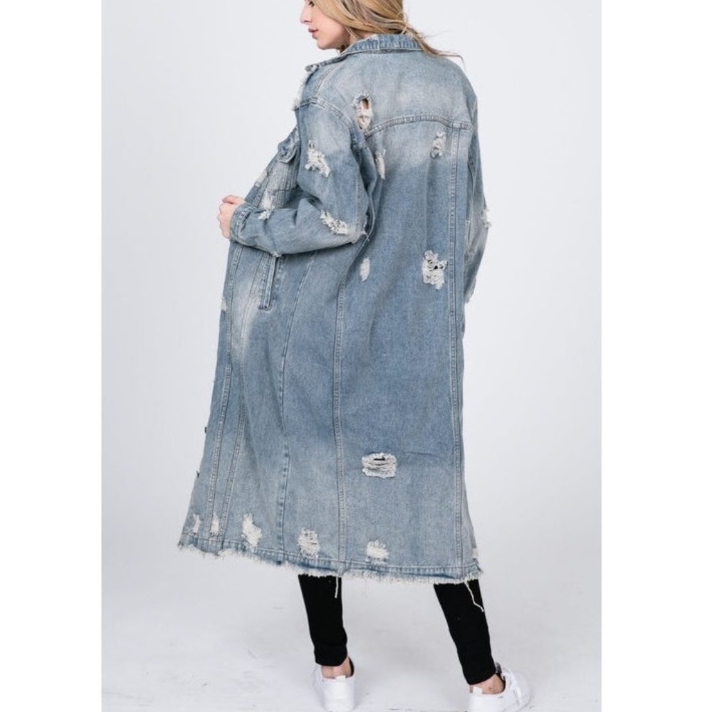Destroyed Distressed Long Maxi Denim Jean Jacket - Picture 3 of 7